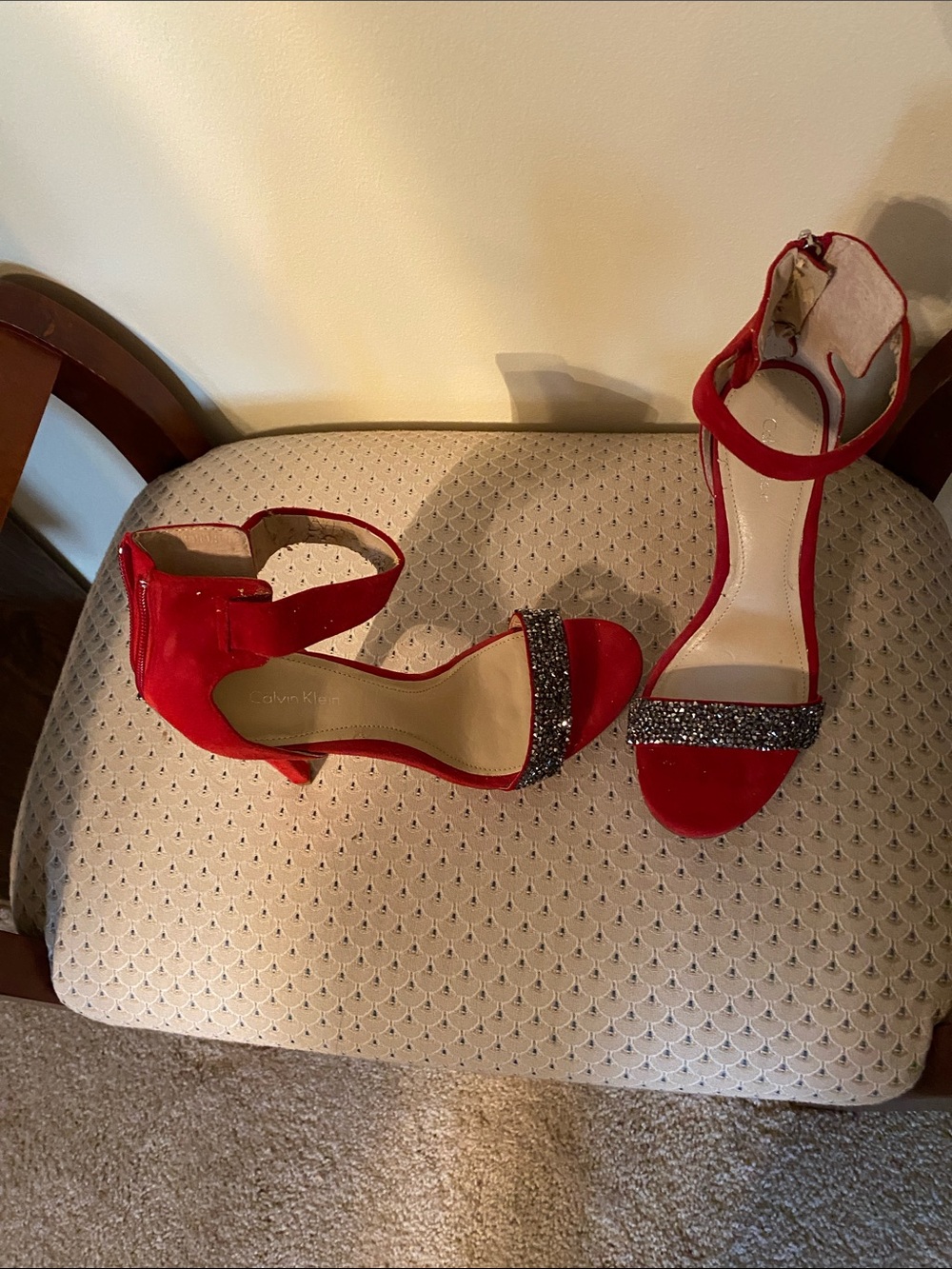 Calvin Klein Red Open-Toe Ankle-Strap Heels with Glitter Toe Band